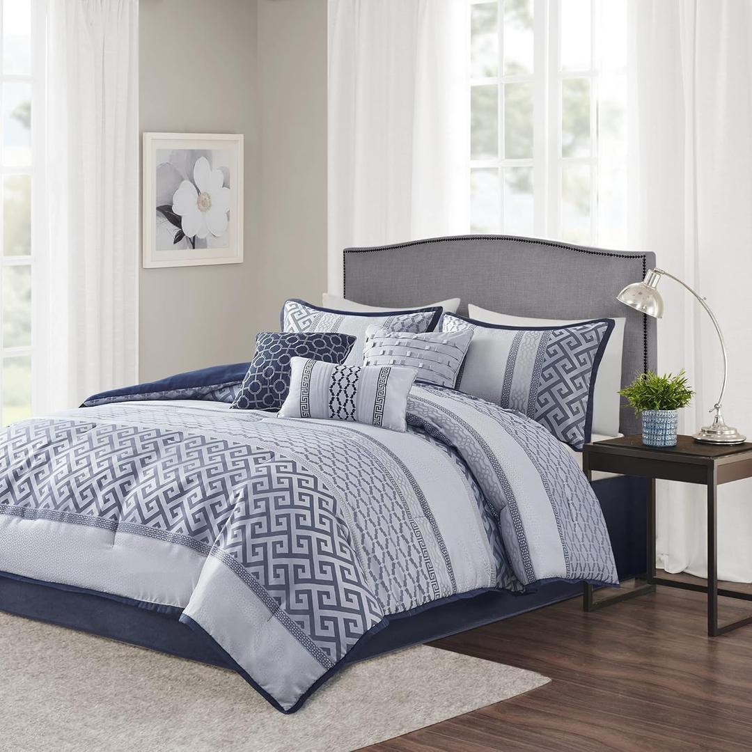 Madison Park Luxury Comforter Set-Traditional Jacquard Design All Season Down Alternative Bedding, Matching Bedskirt, Decorative Pillows, Cal King(104"x92"), Bennett, Geometric Navy 7 Piece Madison Park Luxury Comforter Set-Traditional Jacquard Design All Season Down Alternative Bedding, Matching Bedskirt, Decorative Pillows, Cal King(104"x92"), Bennett, Geometric Navy 7 Piece