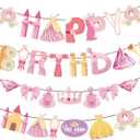 4PCS Princess Happy Birthday Banners  Pink & Gold Fairy Tale Decorations with Castles, Dresses, Crowns & Carriages for Birthday Party