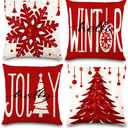 DIYDEC 4PCS Christmas Pillow Covers 18x18 inch Winter Throw Pillow Covers Red Christmas Tree Snowflake Pillow Covers Hello Winter Holly Jolly Decor Cushion Case for Holiday Home Sofa Couch