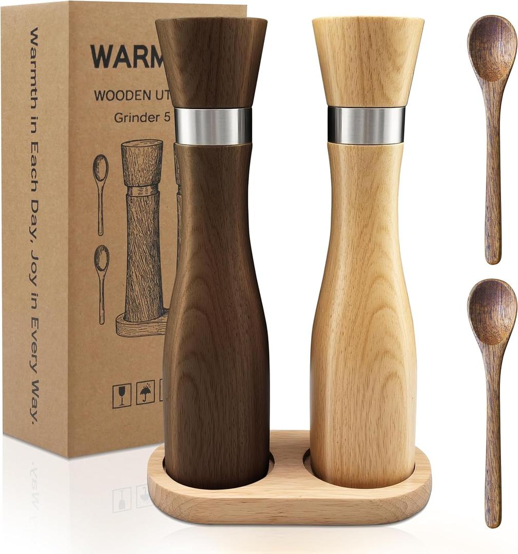 Kitchen Wooden Salt and Pepper Grinder Set: Refillable Salt & Pepper Mills Adjust for Customized Coarseness, 9" 5PC with Tray & Spoons,Non-Slip Base-Kitchen Counter Decor