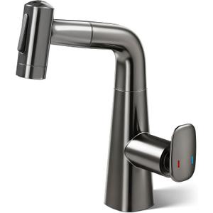 Alphabath Rotatable Bathroom Faucet with Pull Out Sprayer, Height Adjustable Bar Sink Faucet with 5 Modes, 360° Swivel, Spot-Free Finish & Anti-Splash, Great for Bathroom, Bar, Kitchen, Brushed Gray