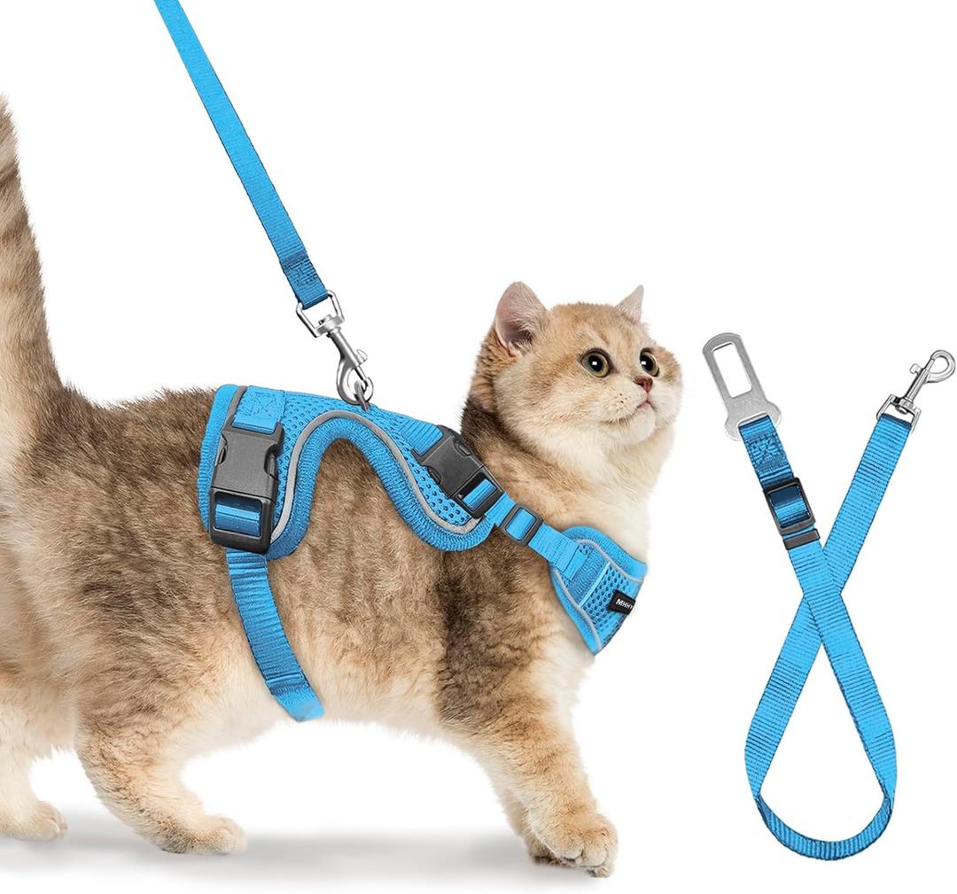 Cat Harness, Cat Car Harness and Leash for Walking, Escape Proof Soft Adjustable Vest Harnesses for Cats, Easy Control Breathable Reflective Strips Harness, Kitten Harness and Leash Set, Blue, M (M (13-18lb))