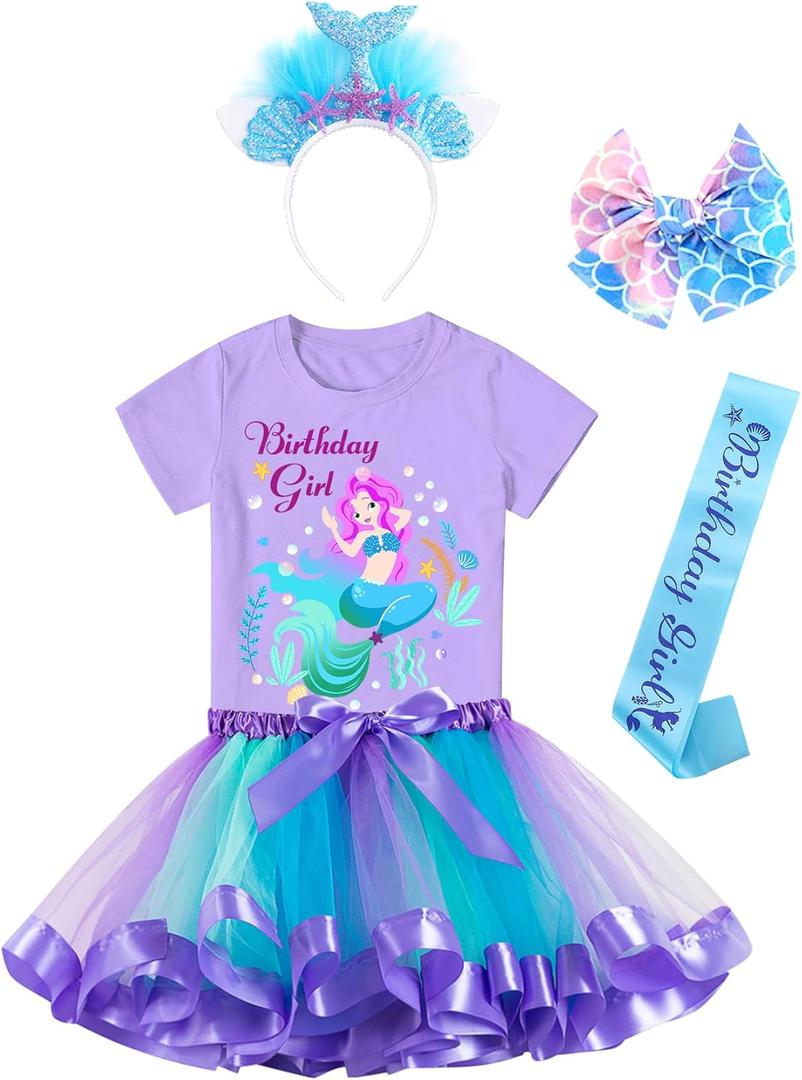 Doctor Unicorn Birthday Girls Mermaid Outfit Set Costume Tutu Skirt Dress, Mermaid Birthday Shirt, Headband & Satin Sash (Blue). 4Y Size