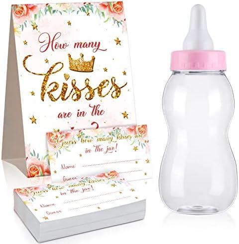Fuutreo 52 Pcs Guess How Many Baby Shower Game Favors Includes Big Baby Bottle Large Standing Sign with 50 Small Cards Floral Greenery Decorations for Girl Boy Gender Reveal Party Game(Pink Floral)