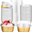 200 Pack Aluminum Foil Cupcake Liners with Lids, 5 oz Round Baking Cup, Disposable Ramekin Container for Graduation Wedding Memorial Patriotic Party(Gold,Plain)