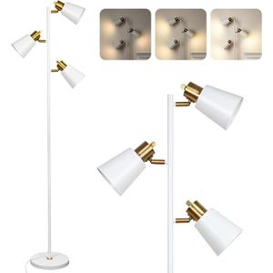 Tree Floor Lamp for Living Room, Industrial 3-Light Standing Lamp with 3 LED Bulbs, Adjustable Rotation Heads, Standing Tall Pole Lamp Farmhouse Rustic Reading Lamps for Bedroom Office (White Gold)