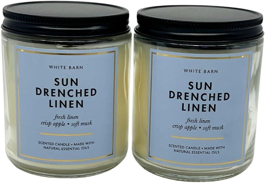 Bath & Body Works Sun Drenched Linen 1-Wick Scented Candle with Natural Essential Oils 7oz - Pack of 2