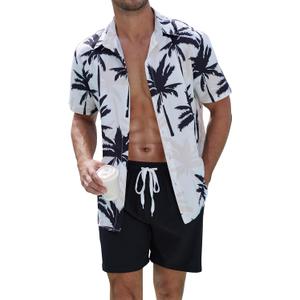 UOUA Men's Beach 2 Piece Outfits Hawaiian Flower Button Down Shirts and Shorts Sets (XX-Large, Whitepalm)