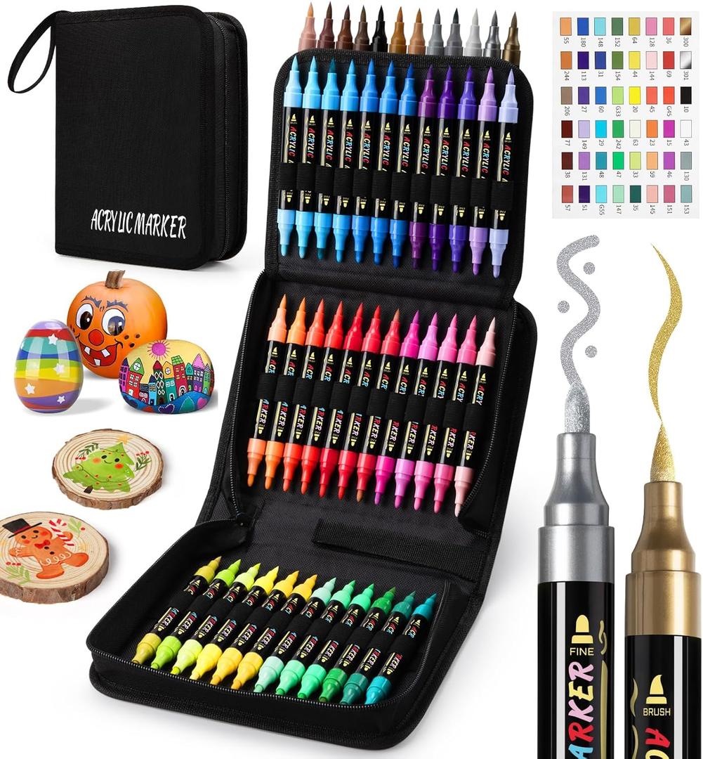 Dual Tip Acrylic Paint Markers, Paint Pens with Fine Tip and Brush Tip Pens, Coloring Markers No Bleed, for Paper, Pottery, Stones, Backpacks, Glass, Eggs, Fabrics, Plastics, Handicrafts