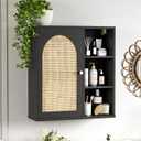 Rattan Bathroom Wall Cabinet, Boho Medicine Wall Cabinets with Door and Adjustable Shelves, Tall Kitchen Wall Mounted Storage Cabinet, Floating Hanging Cabinet Space Saver for Laundry Room,Black
