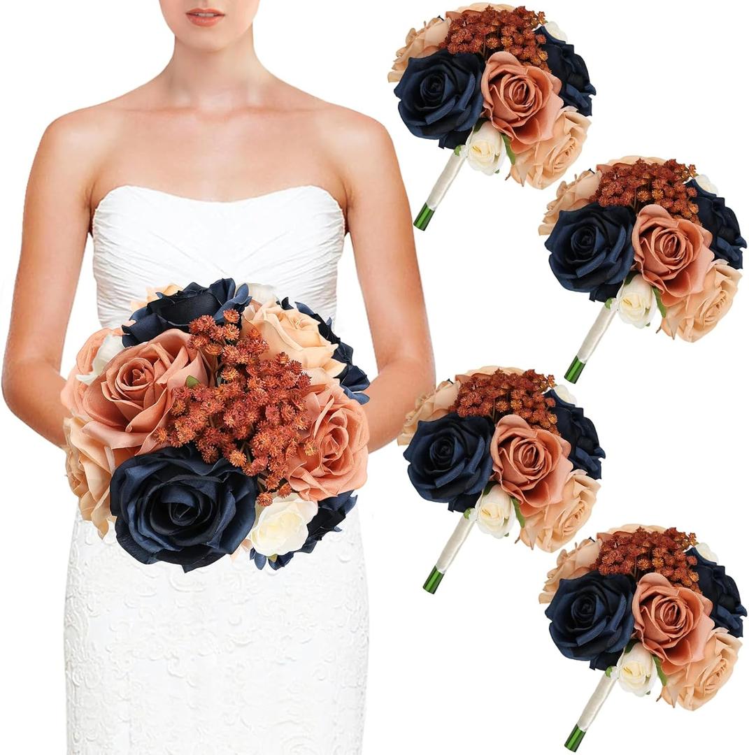 Wedding Bridesmaid Bouquets Set of 4, Artificial Silk Flowers Arrangement for Ceremony Marriage Proposal Party Anniversary Decorations - Burnt Orange & Navy Blue