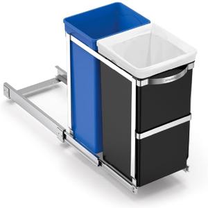 simplehuman 35 Liter / 9.3 Gallon Dual Compartment Under Counter Kitchen Cabinet Pull-Out Recycling Bin and Trash Can, Chrome