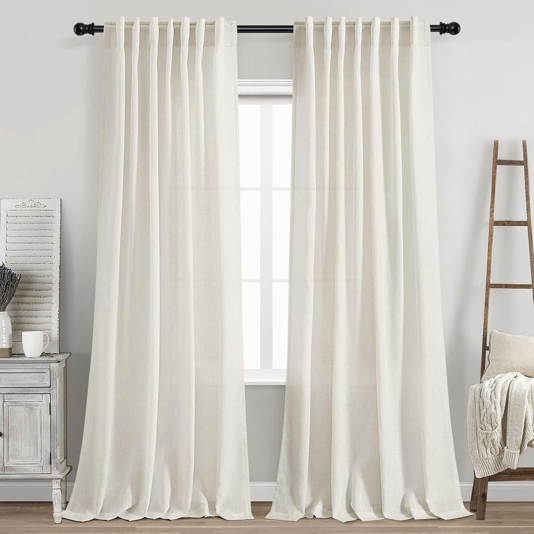 Cream Linen Back Tab Curtains 84 Inch Length for Living Room 2 Panel Set Neutral Modern Farmhouse Window Privacy Semi Sheer Linen Drapes Rustic Pinch Pleated Look Curtain Natural Ivory Colored,52"W x 84"L (Pack of 2), Natural