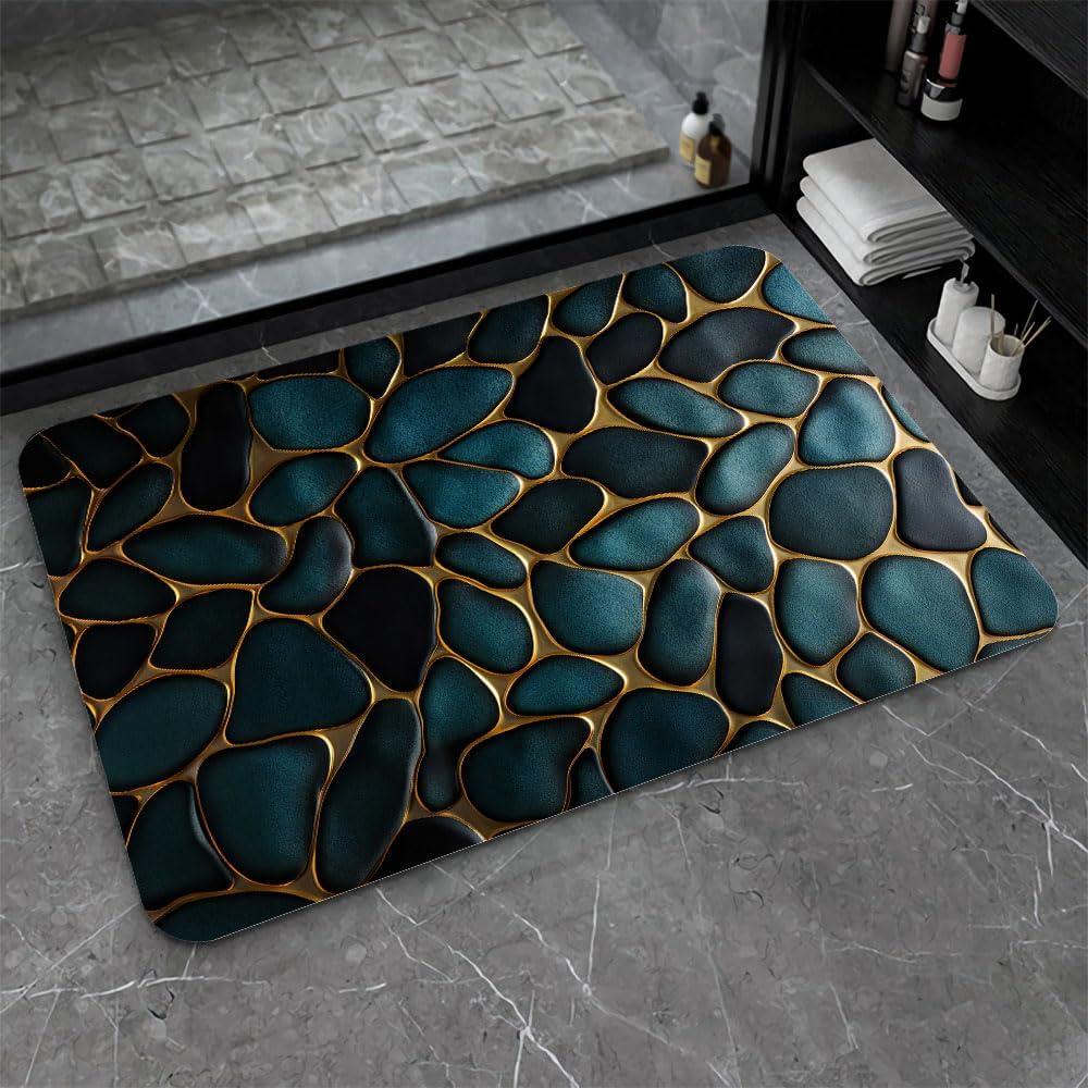 Diatomaceous Earth Bath Mat,Blue and Gold Stones Non-Slip Volume Super Absorbent Fast Drying for Bathroom Kitchen mat,Eco-Friendly Easy to Clean 1624Inch (40 * 60cm)