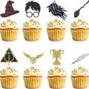 Wootkey 24 Pcs Black Magical Wizard Cupcake Toppers Gold Wizard Hat Flying Broomstick Cupcake Picks Magical School Theme Party Birthday Cake Decorations