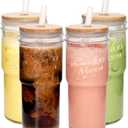 ANOTION Glass Cups with Lids and Straws 4 Packs, 24oz Travel Coffee Mug Bamboo Mason Jar Valentines Party Drinking Jars Glasses Cute Clear Glass Tumbler for Iced Coffee, Smoothie, Tea, Water