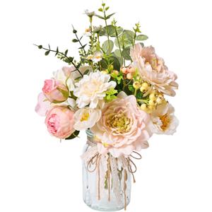 LUEUR Artificial Hydrangea in Vase for Home Decor, Fake Silk Pink Flower Bouquet Artificial Flowers with Pot, Faux Dahlia Arrangement for Fall Spring Living Room, Centerpiece Table Decorations