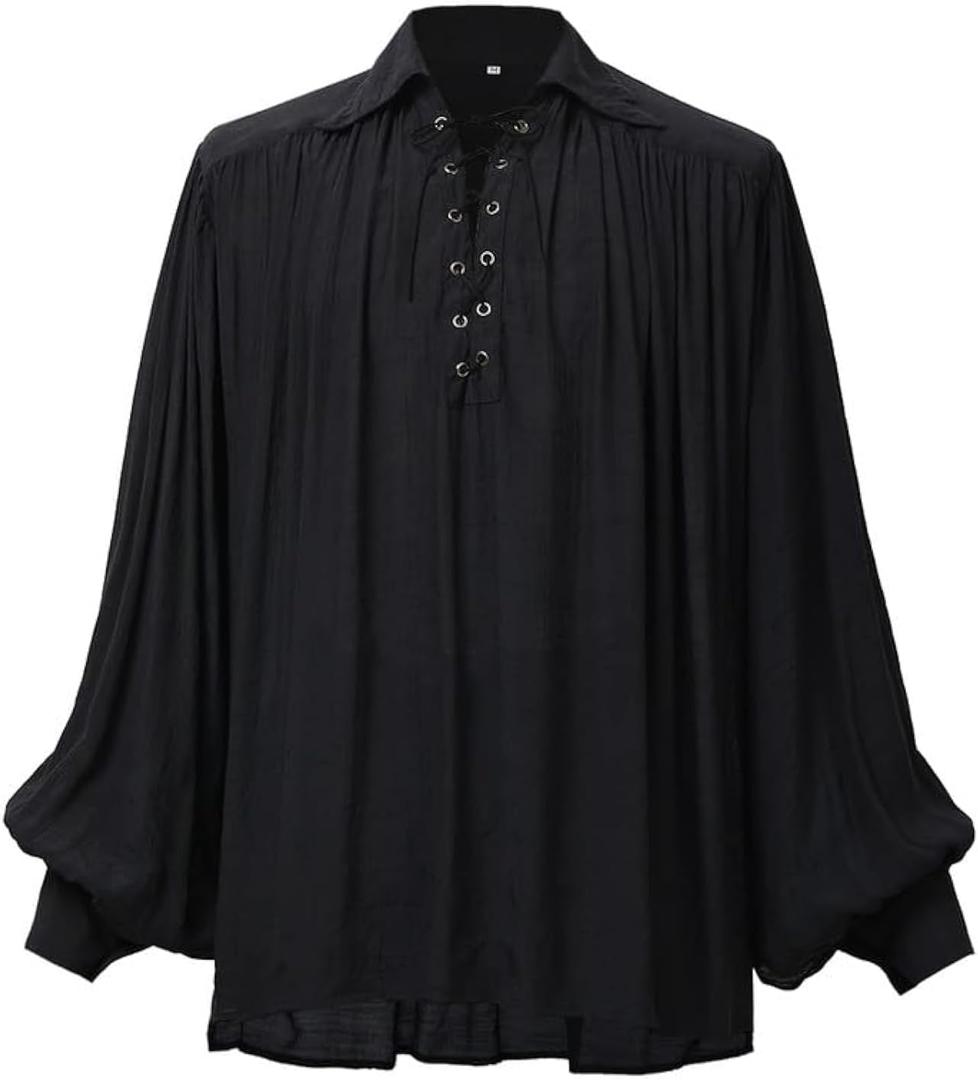 GRACEART Pirate Shirt Men Vampire Renaissance Shirts Victorian Ruffled Medieval Costume Cotton Linen Shirt (Medium, Black)