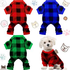 3 Pieces Christmas Dog Pajamas Red Buffalo Plaid Jumpsuit Puppy Pet Pajamas Buffalo Check Cute Apparel for Small Medium Dog Cat Chihuahua Puppy Christmas Costume(M (fit 5.5-7.7lbs))