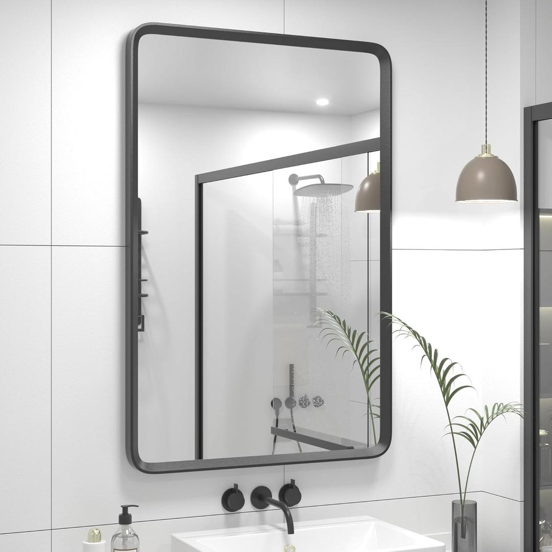 24x36 Black Matte Bathroom Mirror for Wall, Rounded Rectangle Vanity Mirror for Bathroom, Tempered Glass, Anti-Rust, Shatterproof (Horizontal/Vertical)