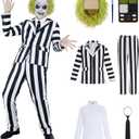 Black and White Striped Suit Men Scary Halloween Costumes Adult Horror Comedy Movie Character Cosplay Outfit Shirt Tie (Medium)