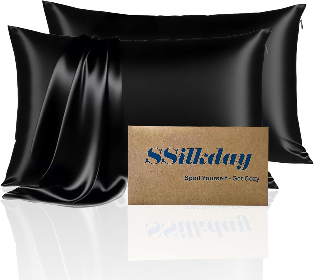 Mulberry Silk King Size Pillow Cases Set of 2, Ultra Smooth Soft Breathable Cooling Pillow Cases for Hot Sleepers, Silk Satin Pillowcases 2 Pack with Zipper for Hair and Skin, Gifts for Women, Black