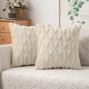 MIULEE Beige Christmas Throw Pillow Covers 18x18 Set of 2 Spring Decorative Farmhouse Couch Throw Pillows Boho Shells Cute Soft Plush Wool Winter Pillowcases for Bedroom Living Room Sofa (18" x 18" (Pack of 2), Beige)