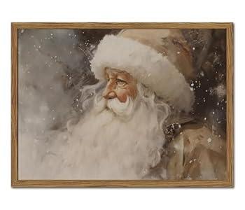 Vintage Santa Claus Christmas Wall Art, Winter Holiday Wall Decor Paintings, Rustic Neutral Canvas Prints Artwork Picture for Bedroom Living Room Farmhouse Mantel 16x24 inch Wood Framed
