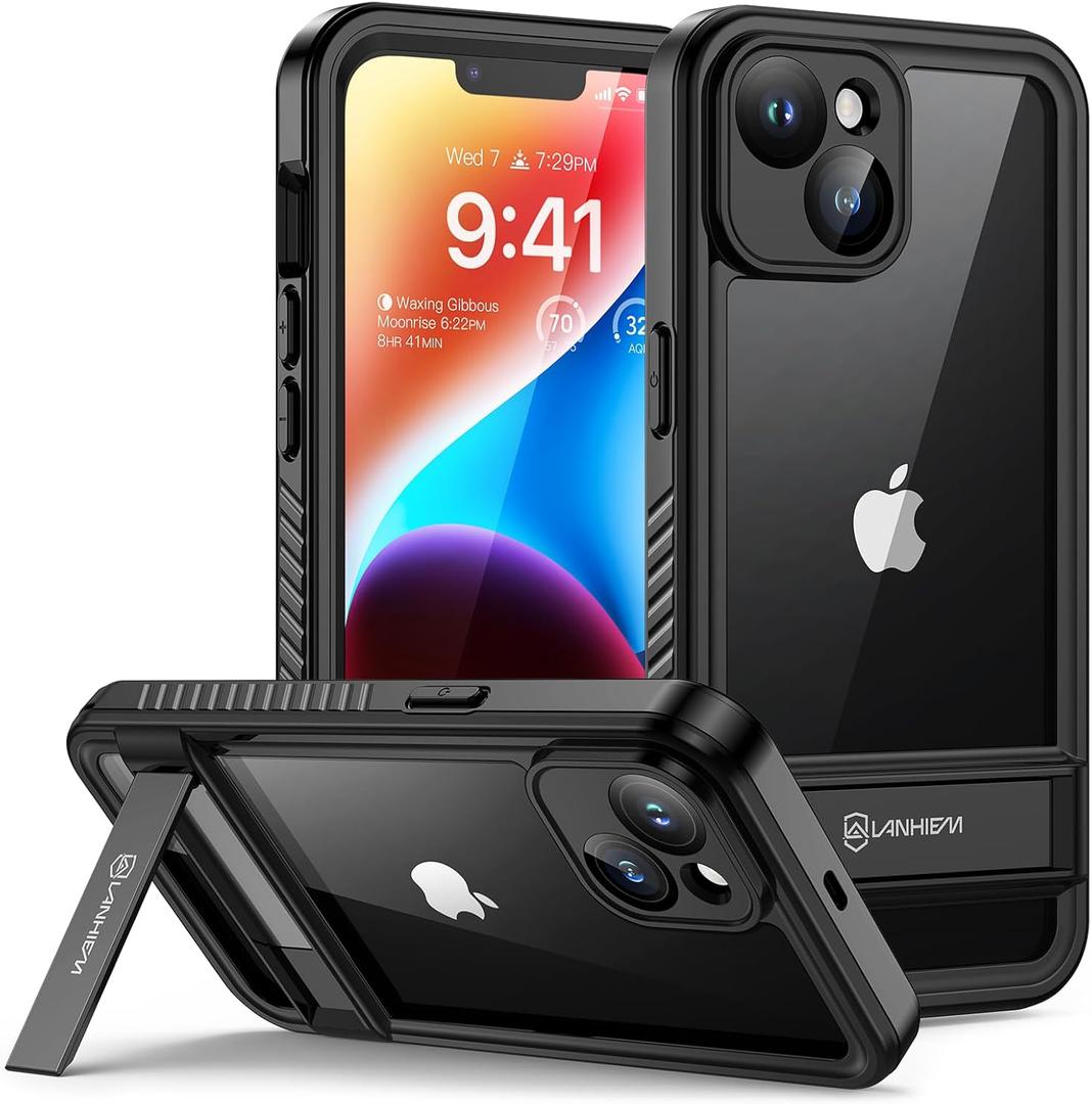 Lanhiem for iPhone 14 Case with Kickstand, IP68 Waterproof Dustproof Built-in Screen Protector, Full Body Shockproof Protective Front and Back Cover for iPhone 14, 6.1 Inch (Black)