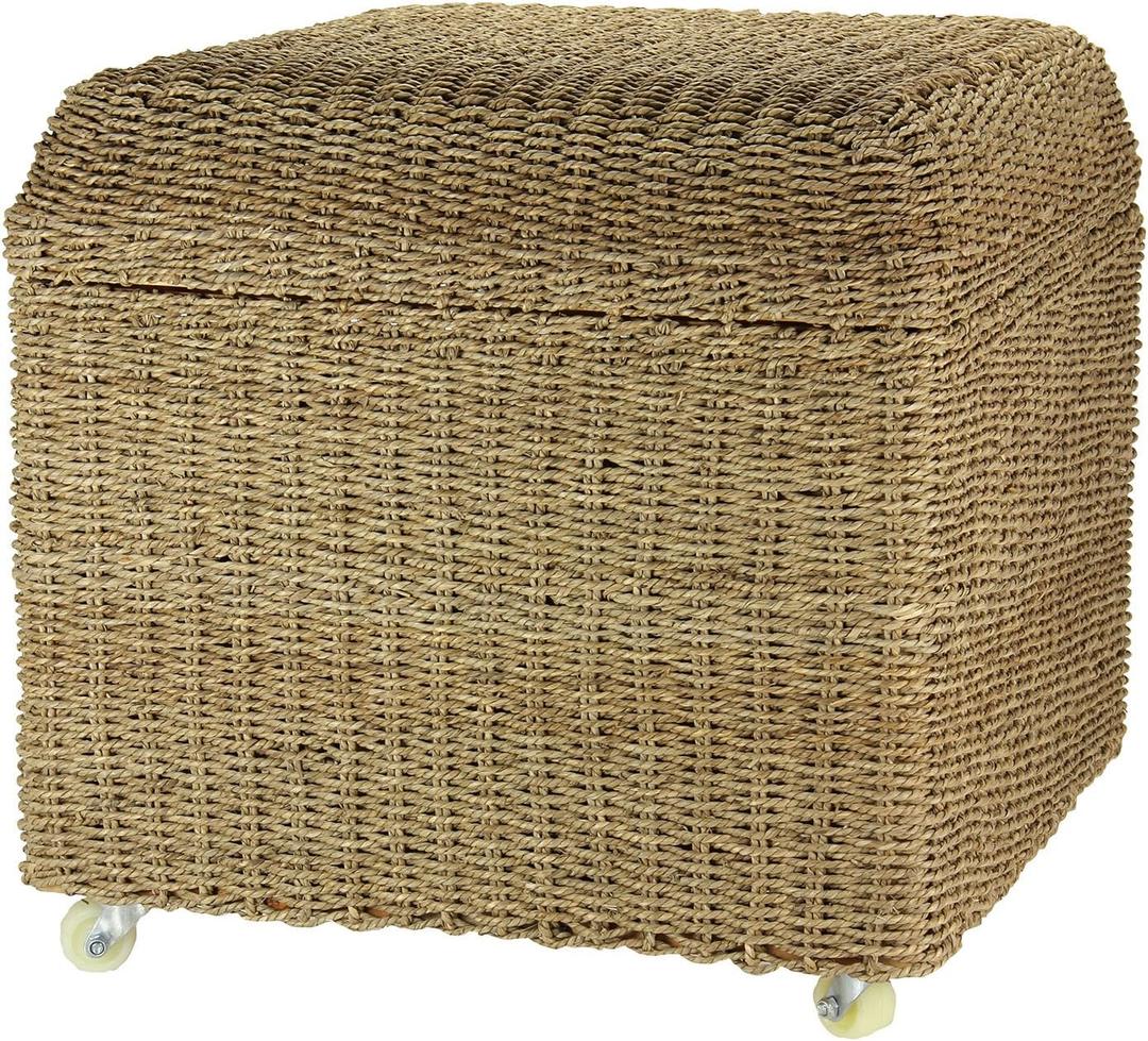 Household Essentials Seagrass Rolling Wicker Storage Ottoman, 18.1 inches