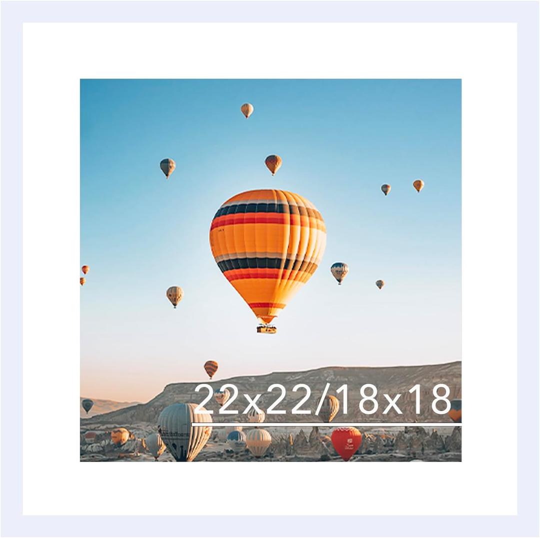 JCJMY 22x22 Picture Frame White with 18x18 Mat, Display Photo 18x18 with Mat or 22 x 22 Without Mat, Wall Hanging Large 22x22 Poster Frame with Shatter Resistant Plexiglass, White