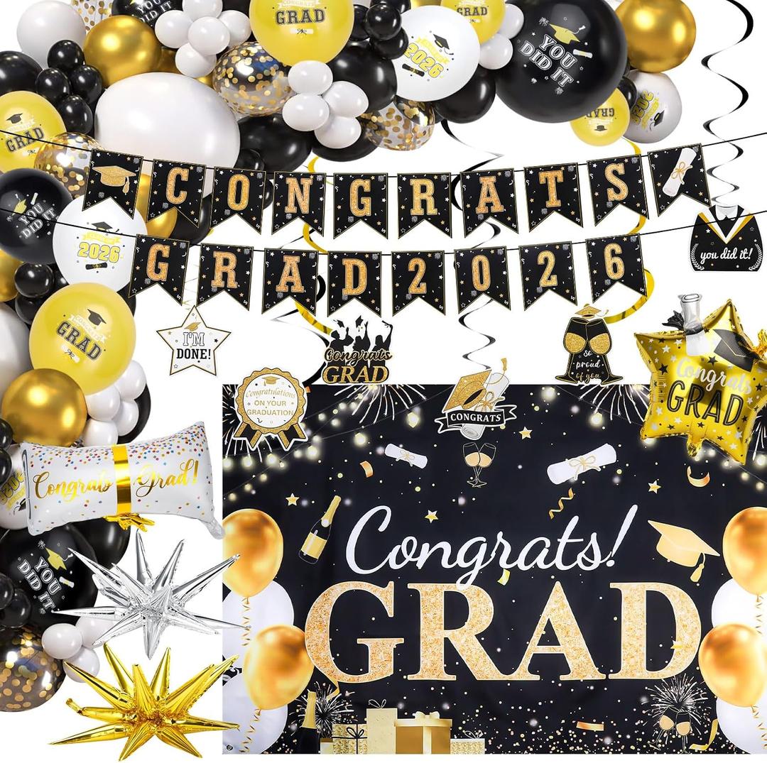 Black Gold Congrats Grad 2026 Party Decorations Kit - Complete Graduation Supplies with Banner, Backdrop and Balloon Garland for High School & College Celebrations