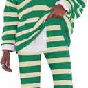 LAMISSCHE Oversized Womens Lounge Set Striped Sweater Set Long Sleeve 2 Piece Pajama Set Top and Pants with Pockets (Large, Green & Cream)