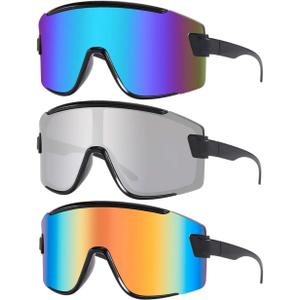 Karsaer Vision Big Shield Wraparound Sunglasses Rave for Men Women Neon Sun Visor Glasses Cycling Ski Shades 80s 90s (Blue + Silver + Red Rainbow)
