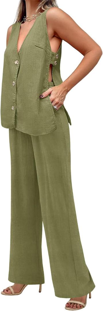 Tankaneo Womens 2 Piece Linen Sets Summer Outfits Sleeveless V Neck Botton Down Tank Tops and Pants Matching Set (Green)
