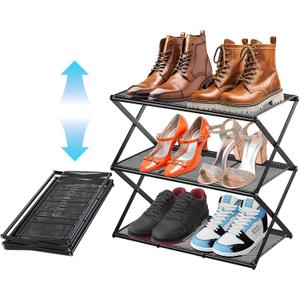 Small Shoe Rack for Entryway - 3 Tier Shoe Organizer Metal Foldable Shoes Storage Rack, Zero Tool Install, Sturdy Shoe Rack for Closet, Front Door Entrance, Living Room - Space Saving, Black