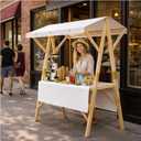Portable Vendor Cart with Canopy, Foldable Farmers Market Booth with Wheels, Wooden Street Vendor Food cart for Lemonade Stand, Outdoor Events, Street Food & Pop-Up Events (White, 47.2 in)