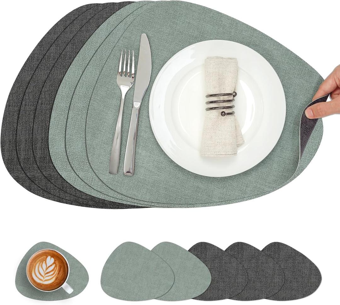 Placemats and Coasters, Washable Reversible Placemats Round Faux Leather Wipeable Place Mats Non Slip Heat Resistant Indoor Outdoor Table Mats (Set of 6, Gray Sage Green)