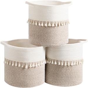 danpinera 11 Inch Storage Baskets Set of 3, Cotton Woven Baskets for Storage with Strong Handles & Stylish Tassel, Storage Bins, Decorative baskets for shelves, Nursery, Laundry, White & Mixed Brown