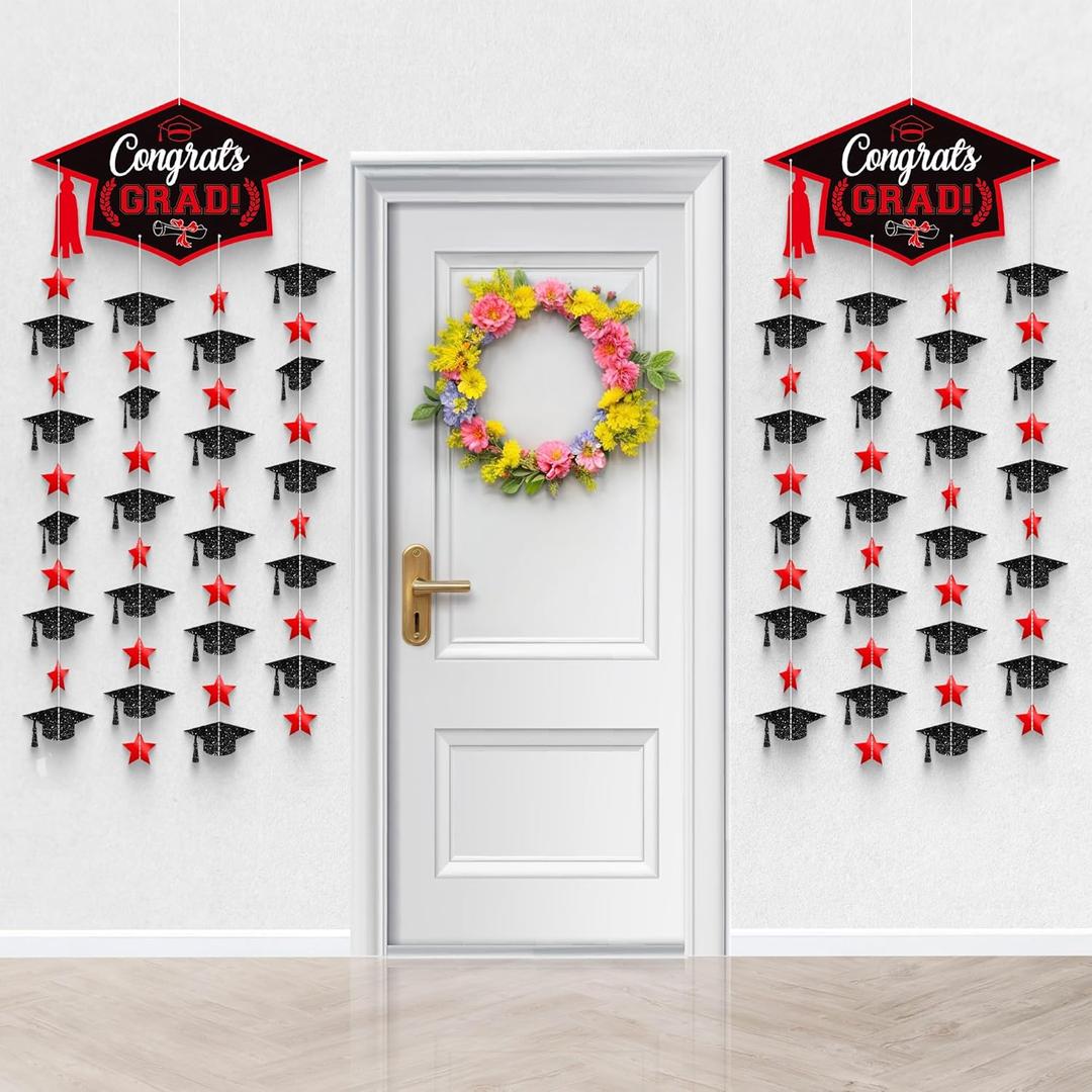 KatchOn, Black and Red Cap Garland - Pack of 2, No DIY | Congrats Grad Garlands for Wall Decor | Grad Party Decorations 2025 | Cap Garland for Graduation Decorations 2025