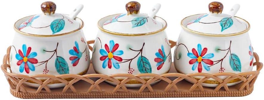 Ceramic Salt Sugar Bowls Set, Set of 3 Condiment Pots Seasoning Jar Spice Container with Lid Spoon and Tray for Home Kitchen Counter, Dishwasher Safe (Red)