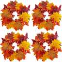 Winlyn 4 Pcs Artificial Maple Leaves and Berries Candle Rings Fall Candle Holders Small Candle Wreath Rings 11" Wide for Farmhouse Fall Thanksgiving Halloween Wedding Centerpiece Table Door Dcor