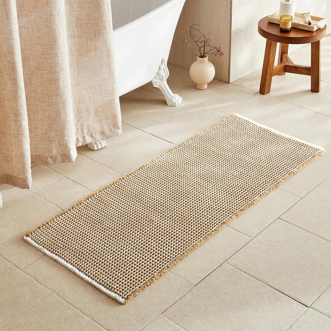 Waffle Runner Rug Bathroom, Long Boho Bathroom Rugs Non Slip Washable Super Absorbent Quick Dry Farmhouse Bath Decor, 60"x24" Khaki and White