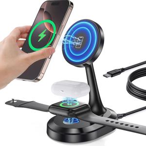 3 in 1 Magnetic Wireless Charging Station Apple Devices 15W Fast Mag-Safe Charger Stand Wireless Charger Station for iPhone 17 16 15 14 13 12 Pro/Pro Max/Plus/Mini AirPods 2/3/Pro iWatch Series