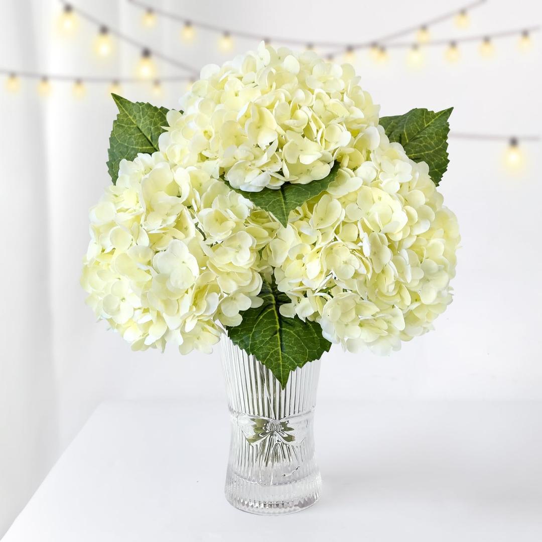 3PCS Cream Hydrangeas Artificial Flower 21" Real Touch Faux Latex Fake Hydrangeas Silk Bouquet for Home Kitchen Living Room Spring Table Office Wedding Party Arrangement