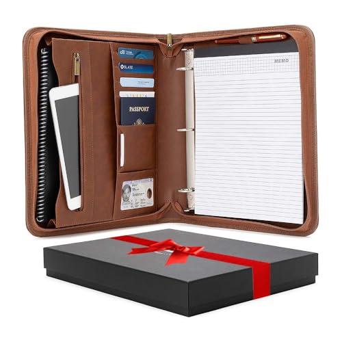 Forevermore Portfolios Padfolio Binder - Professional Faux Leather Travel Organizer Pouch for Tablet, Documents, Presentation Folders, Zipper Closure, Removable 3-Ring Notepad - Brown