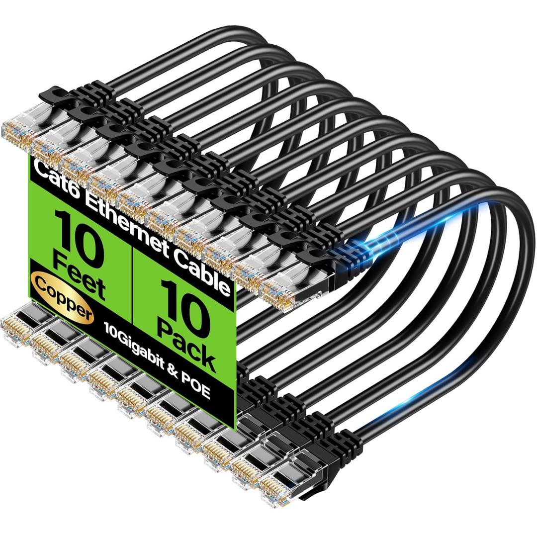Cat6 Ethernet Cable 10Gbps 10 ft (10 Pack), UTP Ethernet Cable Cat 6, Flexible Bare Copper Cat6 Cable, Cat 6 Network Cable for Server, Data Center, Black