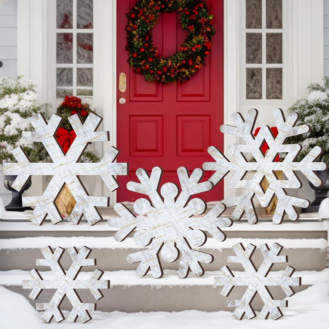 5 Pcs Large Winter Rustic Wooden Snowflake Decorations - Christmas Snowflakes Porch Standing Xmas Yard Signs for Front Door Garden Yard Patio