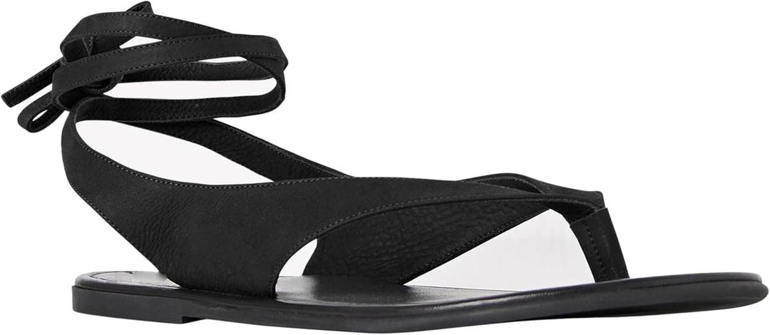 VorisVina Black Ankle Strappy Thong Sandals for Women Cute Suede Flat Sandals Ladies Summer Dressy Beach Flip Flops Sandals, 6.5