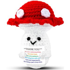 Positive Mushroom Gifts Love Support, Gifts for Her Him Friends Birthday Mother's Father's Day Wife Mom Dad Girlfriend, Crochet Mushroom Doll with Emotional Cards Cheer Up Desk Decors (Thank You)